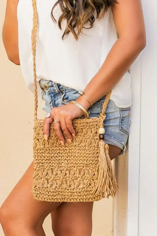 Woven Straw Tassel Crossbody Bag cross body Aili's Corner Khaki OneSize