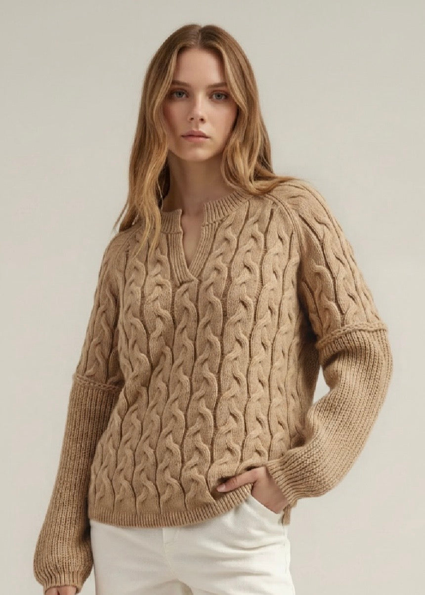 Cable-Knit Dropped Shoulder Sweater