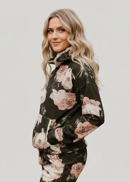 Lace Trim Kangaroo Pocket Hoodie