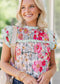 Pink Floral Ruffle Trim Pleated Panel Boho Blouse EG fashion