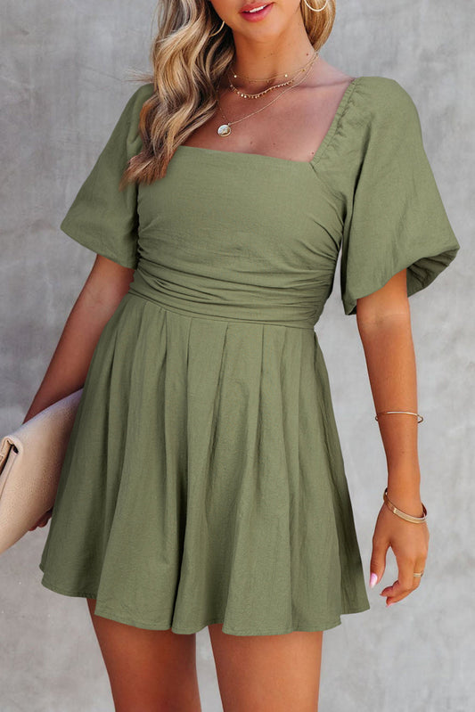 Solid Square Neck Ruched Puff Sleeve Romper