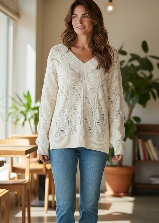 Hollow-Out Knit V-Neck Drop Shoulder Sweater Poet Street Boutique