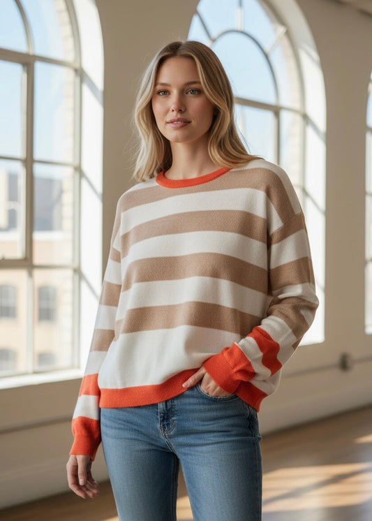 Stripe Colorblock Crewneck Drop Shoulder Sweater JUNIPER BLVD