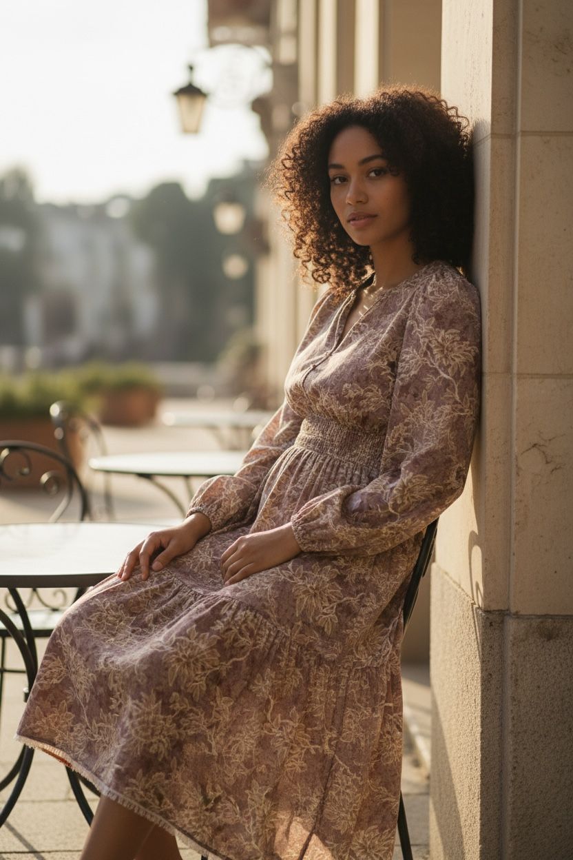 Floral Smocked High Waist Long Sleeve Dress JUNIPER BLVD