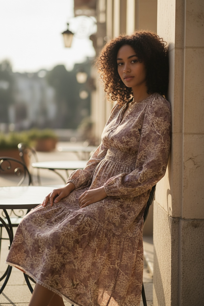 Floral Smocked High Waist Long Sleeve Dress JUNIPER BLVD