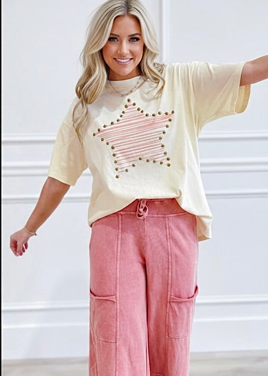 Star Print Studded Detail Cotton Jersey Tee