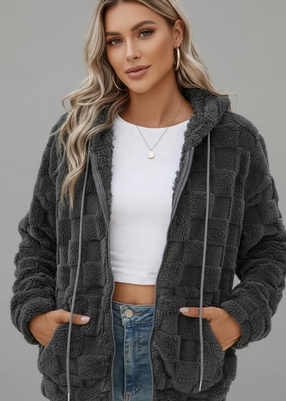 Checkered Texture Zip Up Drawstring Fuzzy Jacket