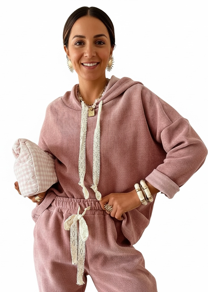 Pink Lace Detail Hoodie and Pants Set