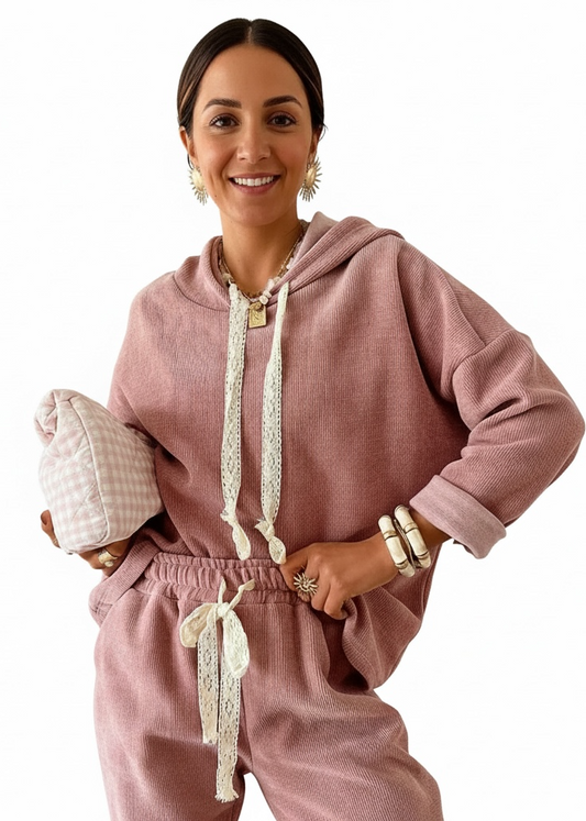 Pink Lace Detail Hoodie and Pants Set