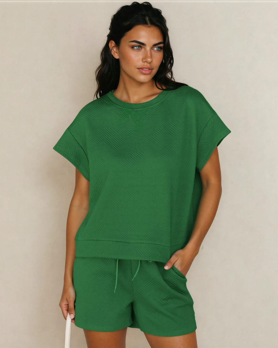 Green Astrid Textured Short Sleeve Top and Shorts Set -