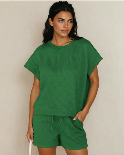 Green Astrid Textured Short Sleeve Top and Shorts Set -