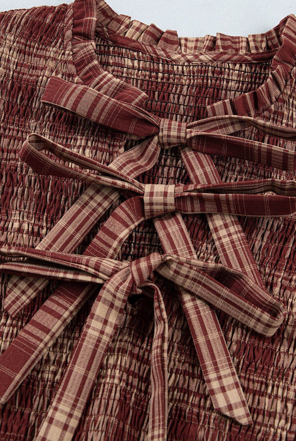 Plaid Vintage Knot Front Smocked Midi Dress