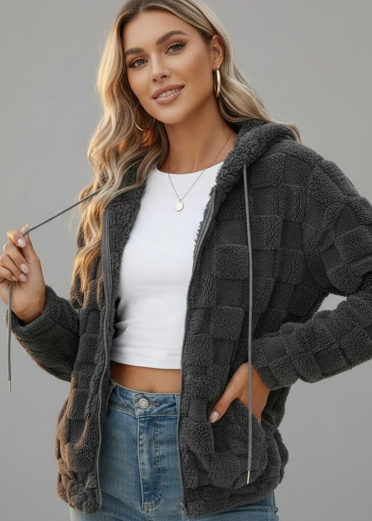 Checkered Texture Zip Up Drawstring Fuzzy Jacket