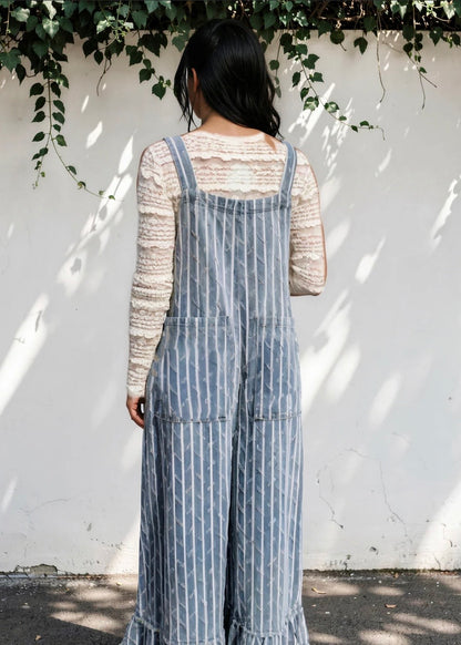 Striped Distressed Ruffled Wide Leg Denim Overalls
