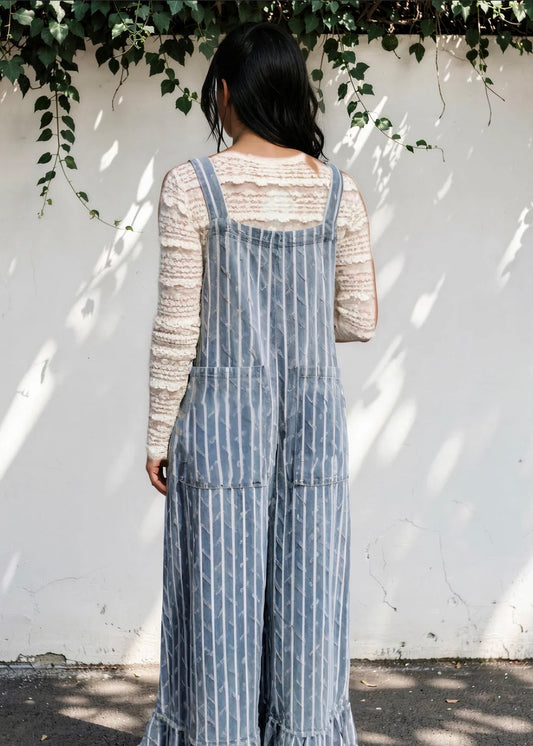 Striped Distressed Ruffled Wide Leg Denim Overalls