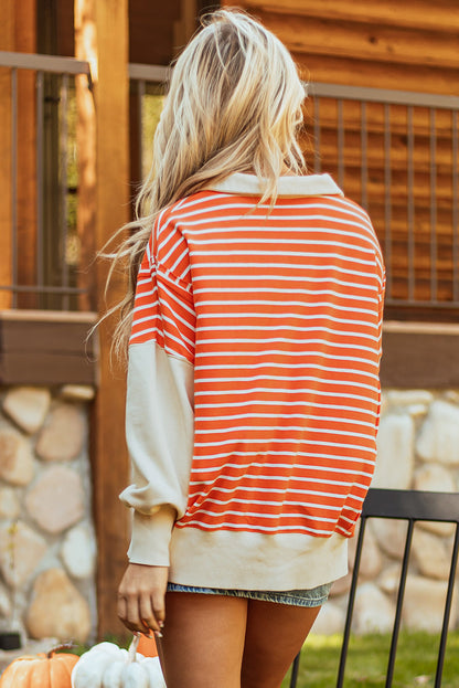 Orange Stripe Collared Drop Shoulder Sweatshirt