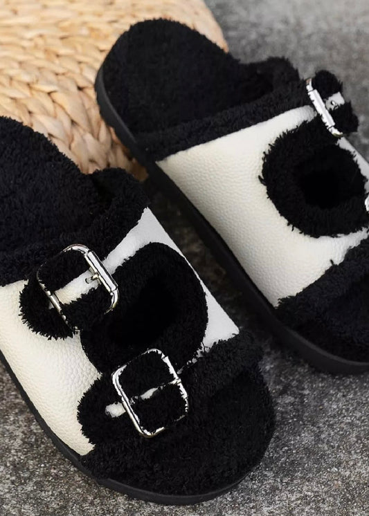 Buckle Plush Lined Platform Slippers
