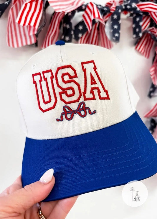 Embroidered USA Hat Adorned With A Red Bow Poet Street Boutique