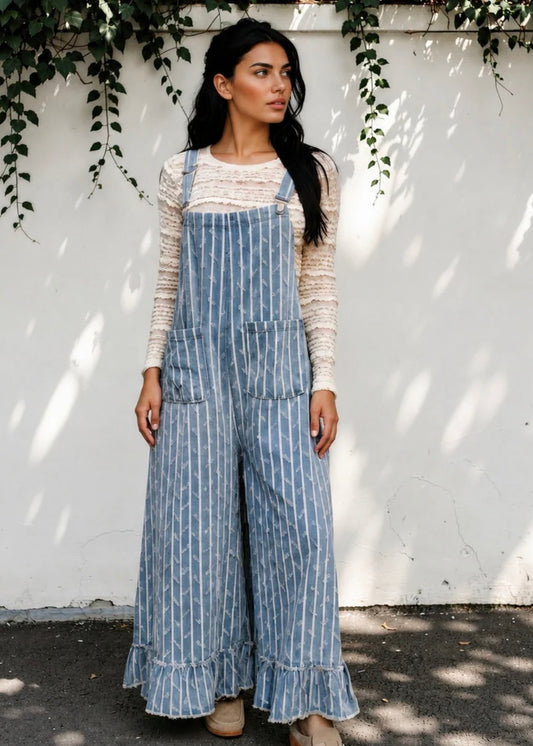 Striped Distressed Ruffled Wide Leg Denim Overalls