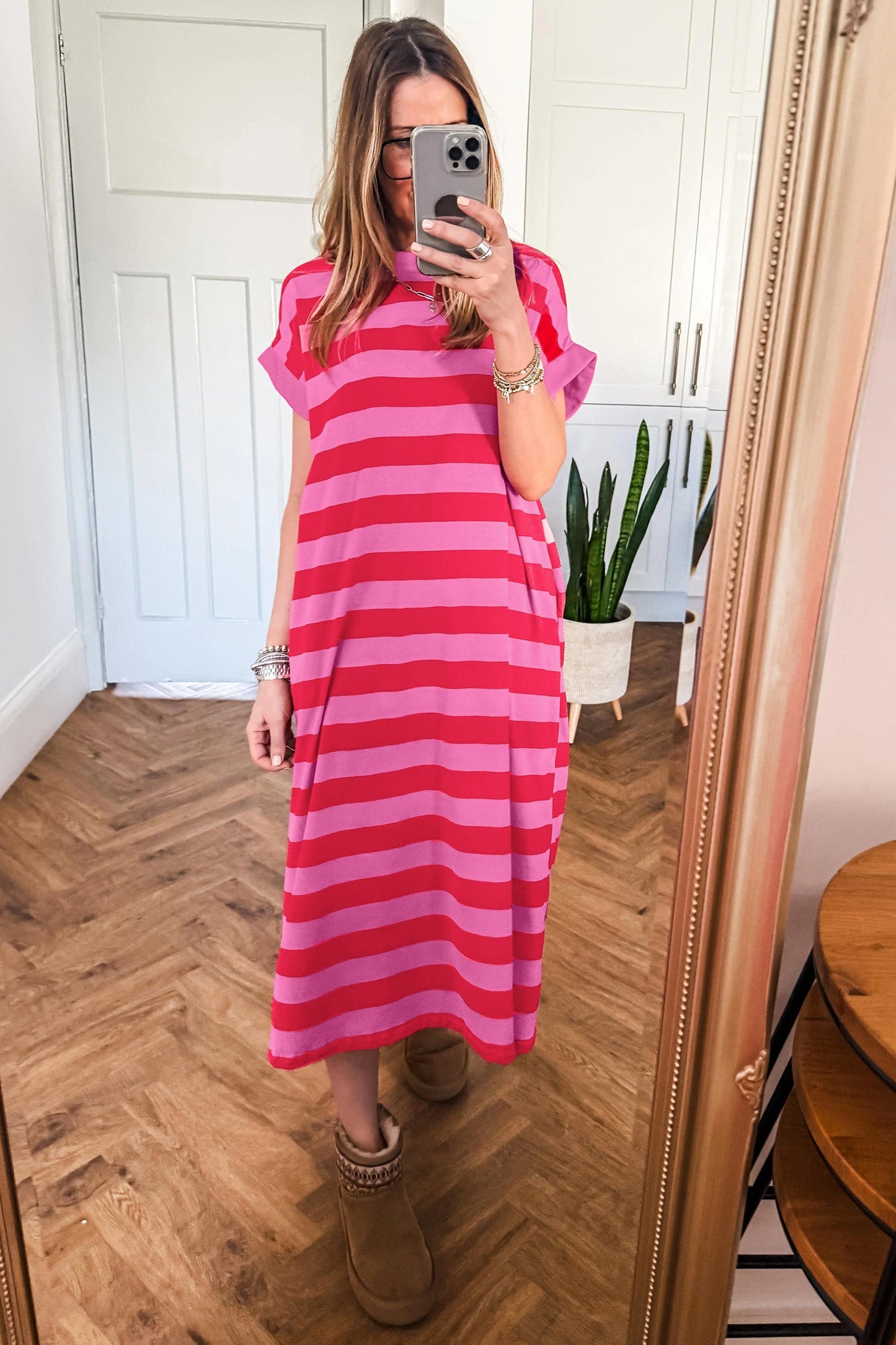 Stripe Cuffed Short Sleeve T-Shirt Long Dress w/ Pockets