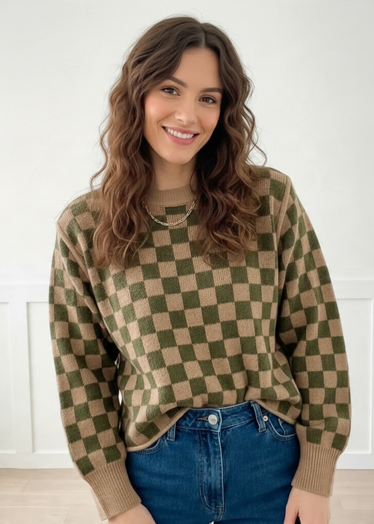 Taupe Plaid 100% Cotton Knit Sweater