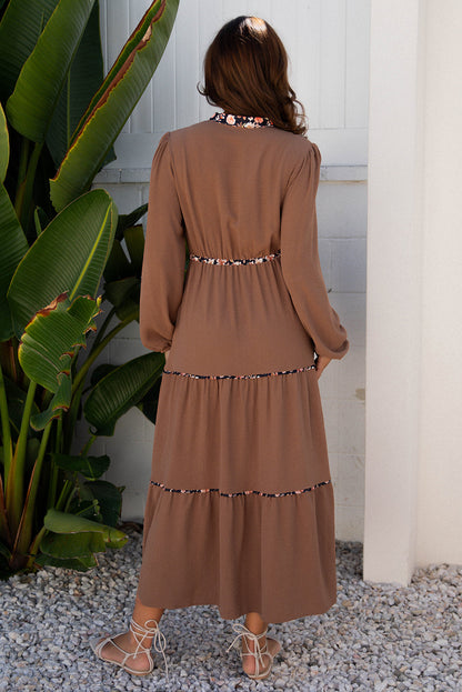 Brown Floral Patchwork Long Sleeve Maxi Dress