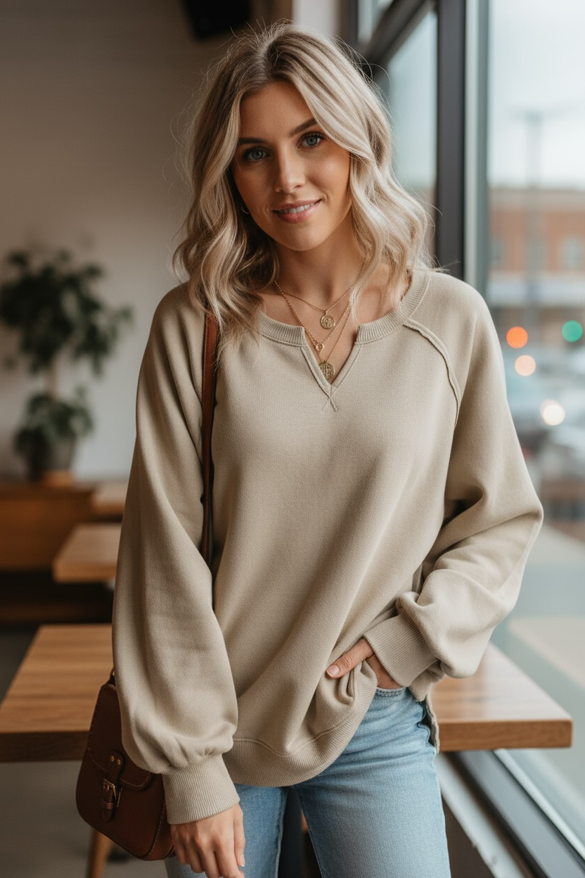 Solid Raw Edge Raglan Sleeve Side Slit Sweatshirt JUNIPER BLVD