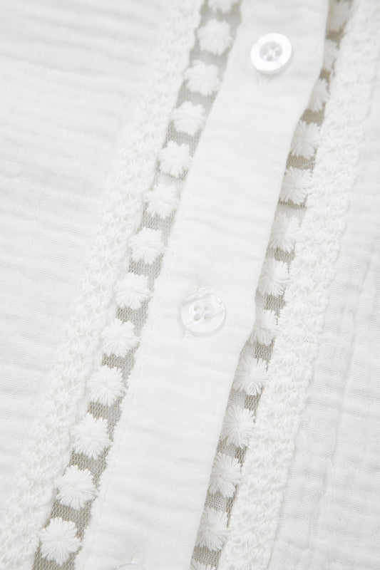 Solid Crinkle Textured Lace Trim Buttoned Shirt
