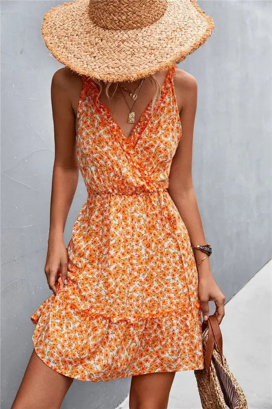 Bold Orange Floral Surplice Dress