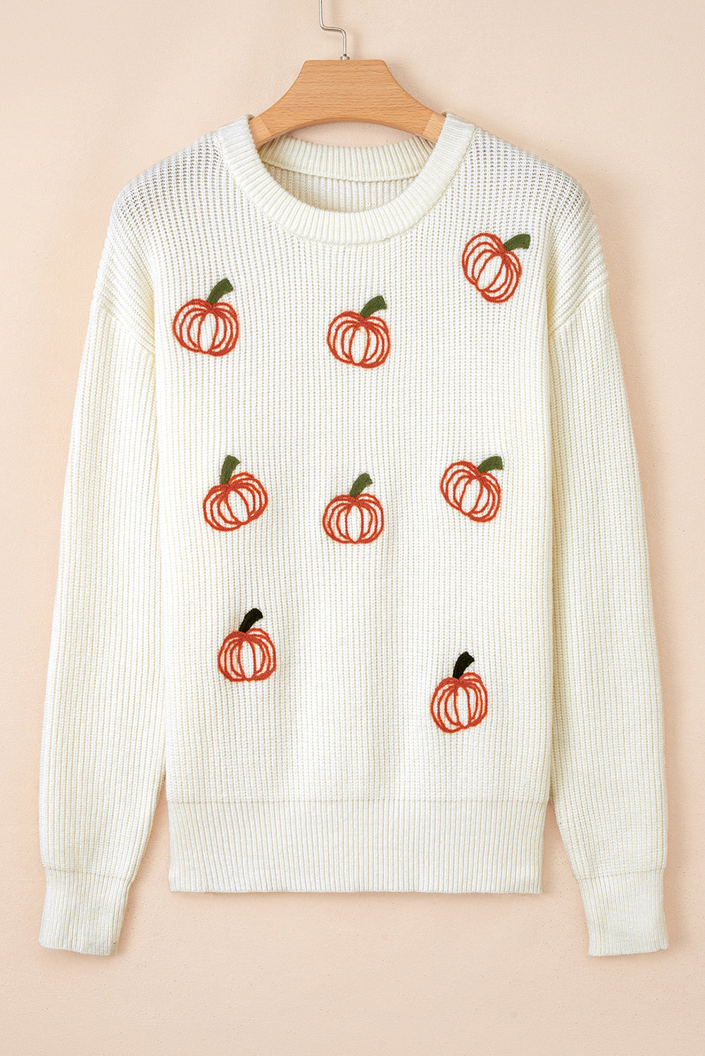 Pumpkin Embroidered Ribbed Sweater