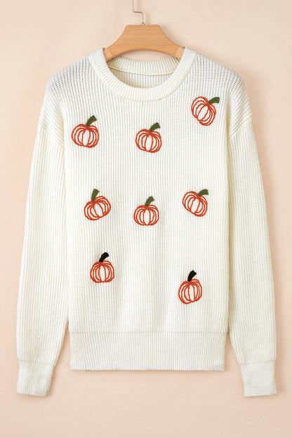 Pumpkin Embroidered Ribbed Sweater
