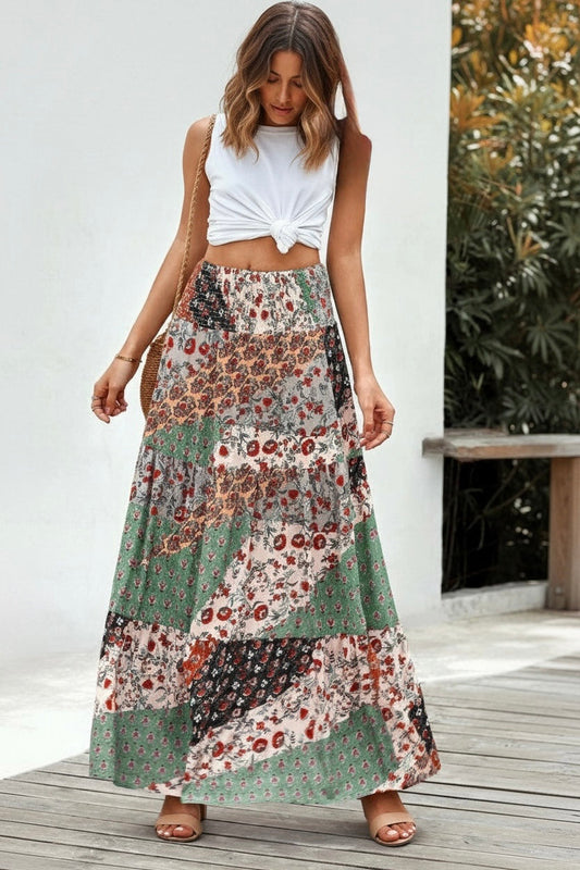 Boho Floral Patchwork Smocked Waist Maxi Skirt JUNIPER BLVD