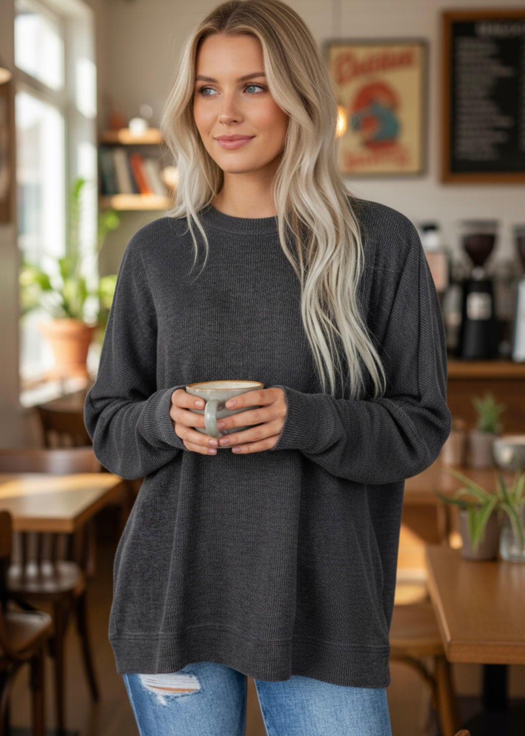 Waffle Knit Patchwork Long Sleeve Top JUNIPER BLVD