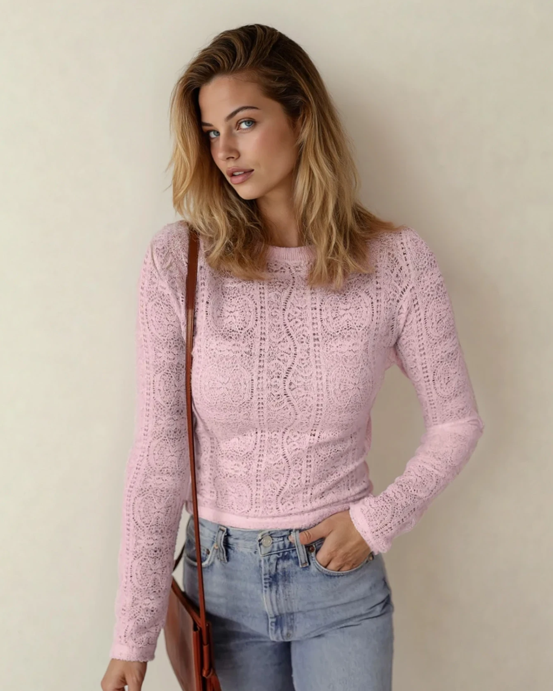 Light Pink Juliette Semi Sheer Lace Cropped Top