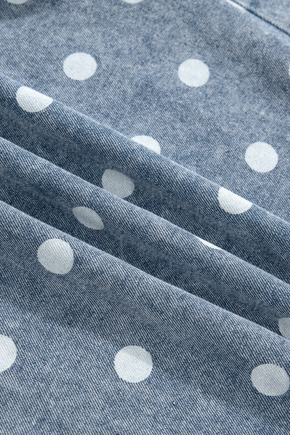 Polka Dot Denim Tie V-Neck Pleated Romper