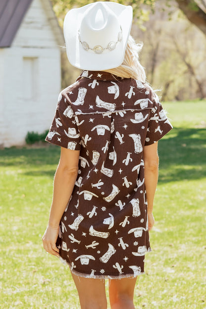 Western Cowgirl Cactus Raw Edge Denim Dress