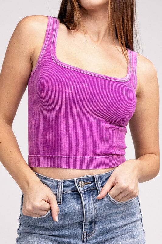 2 Way Neckline Washed Ribbed Cropped Tank Top ZENANA LT PLUM S/M 
