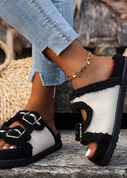 Buckle Plush Lined Platform Slippers