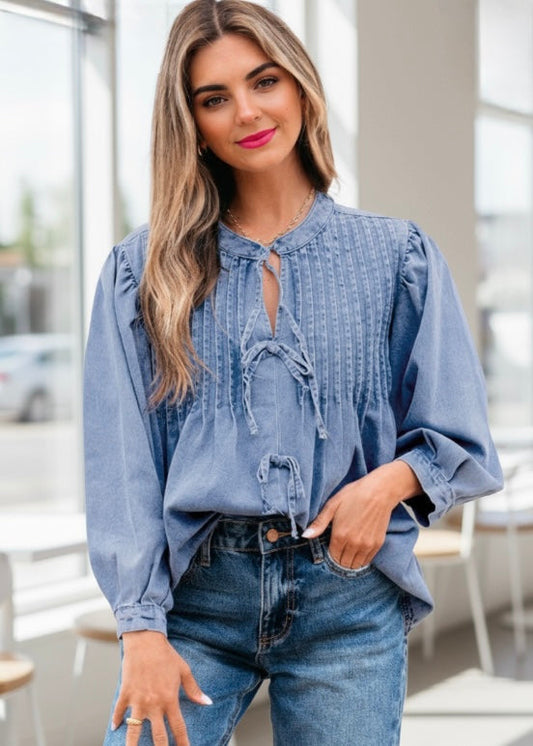 Solid Denim Pleated Bow Tie Puff Sleeve Top JUNIPER BLVD
