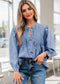Solid Denim Pleated Bow Tie Puff Sleeve Top JUNIPER BLVD