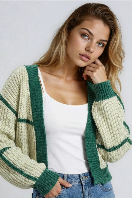 Green Two-Tone Color Block Cardigan