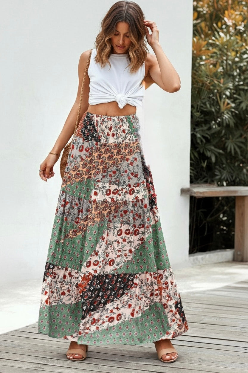 Boho Floral Patchwork Smocked Waist Maxi Skirt JUNIPER BLVD