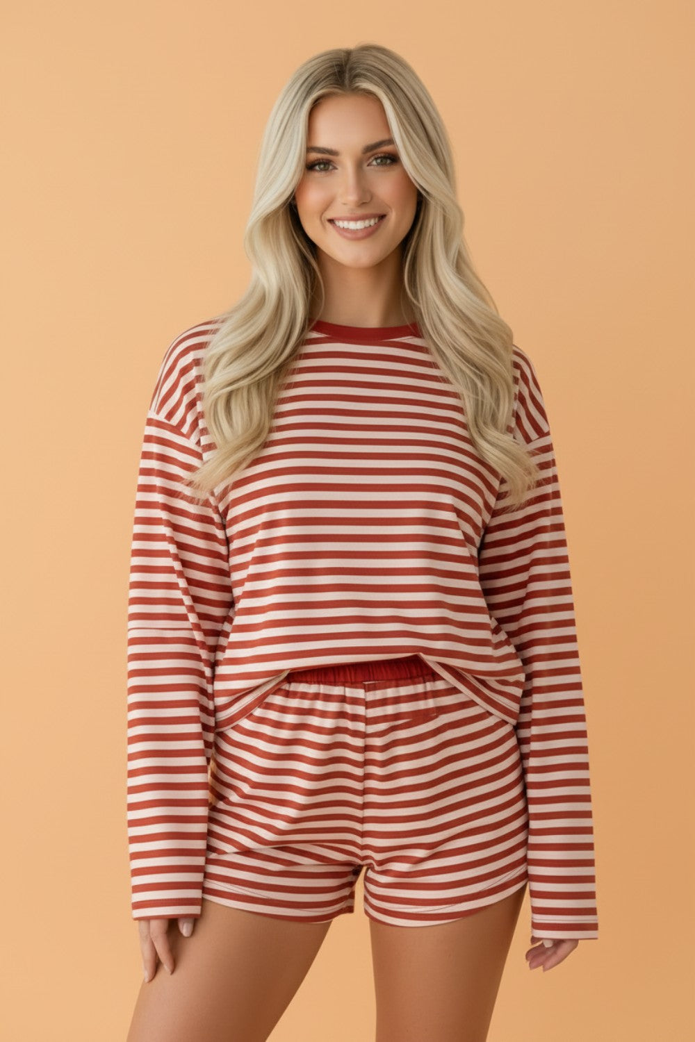 Brown Stripe Long Sleeve Top & Shorts Set