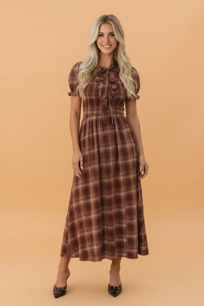 Plaid Vintage Knot Front Smocked Midi Dress