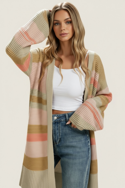 Color Block Striped Open Front Cardigan