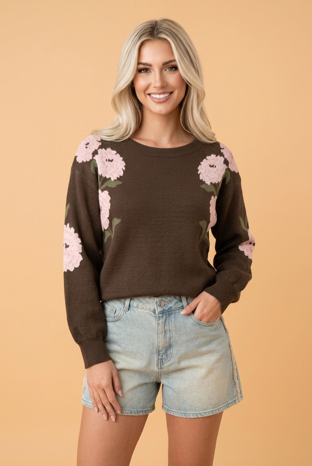 Brown Floral Drop Shoulder Long Sleeve Sweater