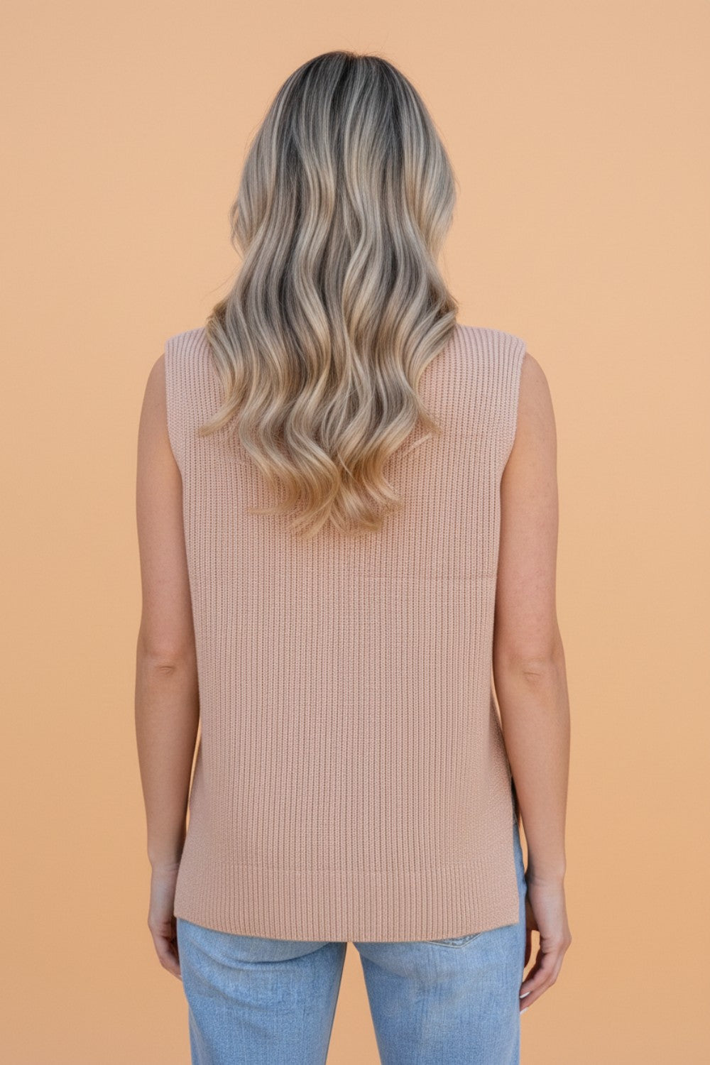 French Beige Turtleneck Split Hem Knit Tank