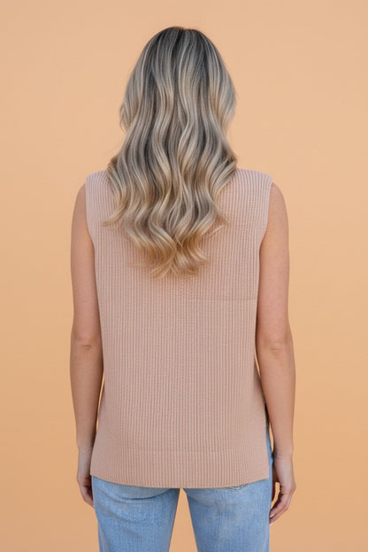 French Beige Turtleneck Split Hem Knit Tank