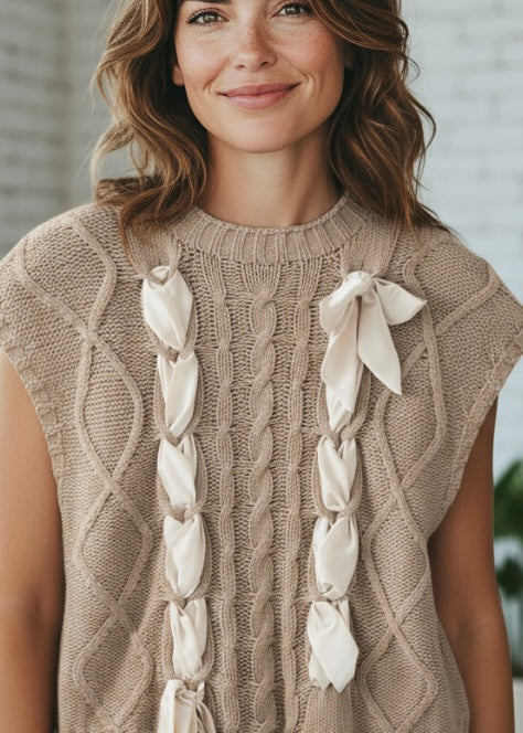 Cable Knit Satin Bowknot SPRING Sweater SHEWIN INC.