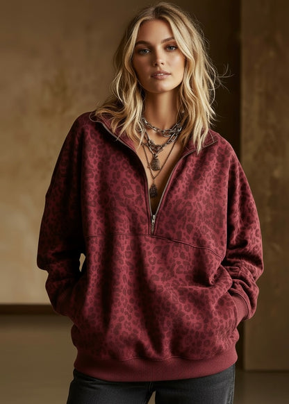 Leopard Half Zip Oversized Sweatshirt
